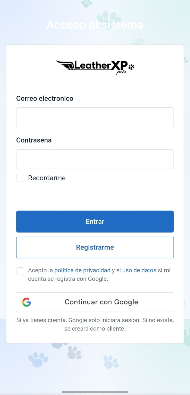 Pantalla de acceso a MascotasXP Pets